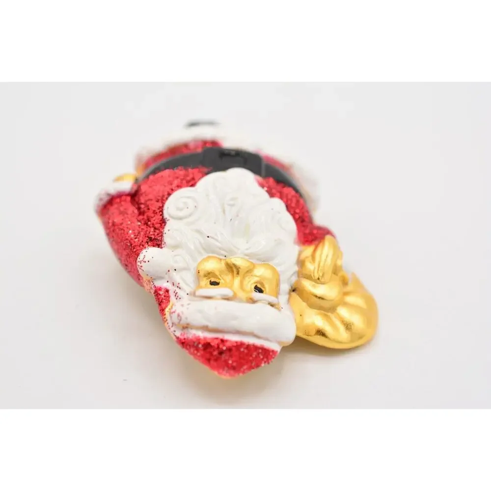 AJC Vintage Christmas Pin Brooch Santa Claus Glitter Heavy Chunky Signed 80s 9B